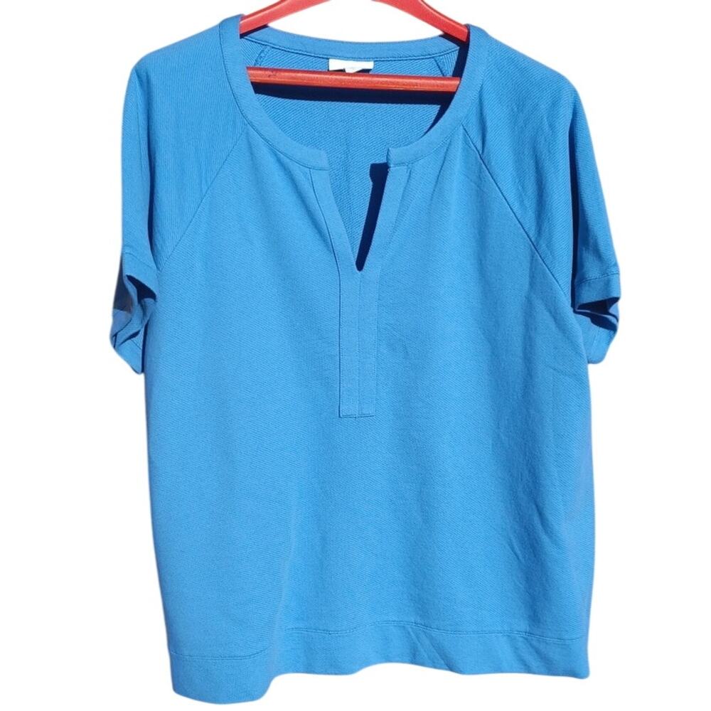 J.Jill Blue Textured Cotton Split Neck Top Women's Large Short Sleeve